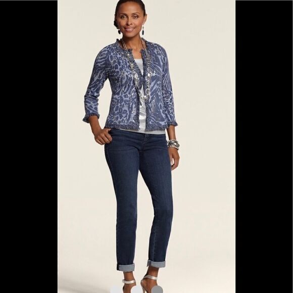 Chicos Foiled Animal Frankie Fringe Cardigan Blue - Picture 7 of 9